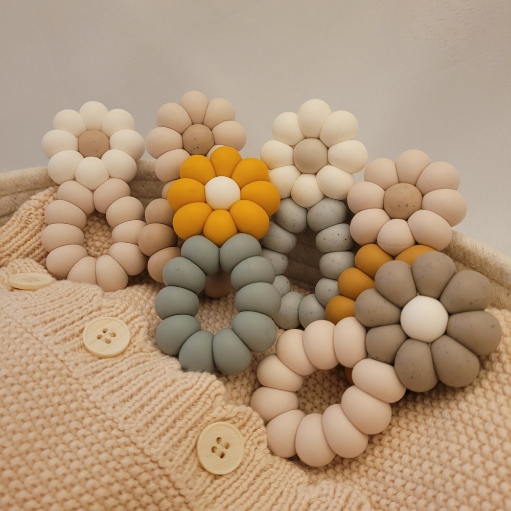 Baby Yellow Mustard/Gray Flower Food Grade Silicone Teether/ Toy. 100% Safe.
